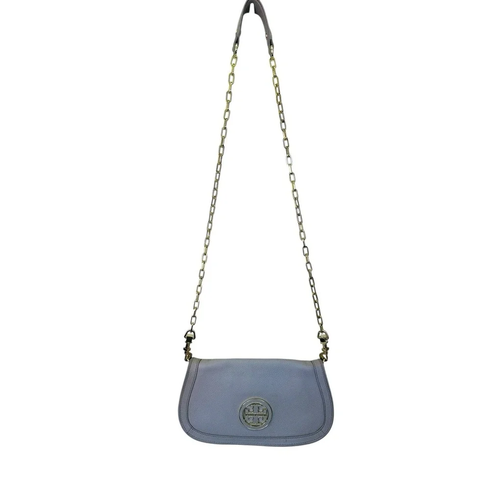 Tory Burch Amanda Logo Gray‎ Crossbody Clutch Gold Chain Flap Magnetic Closure